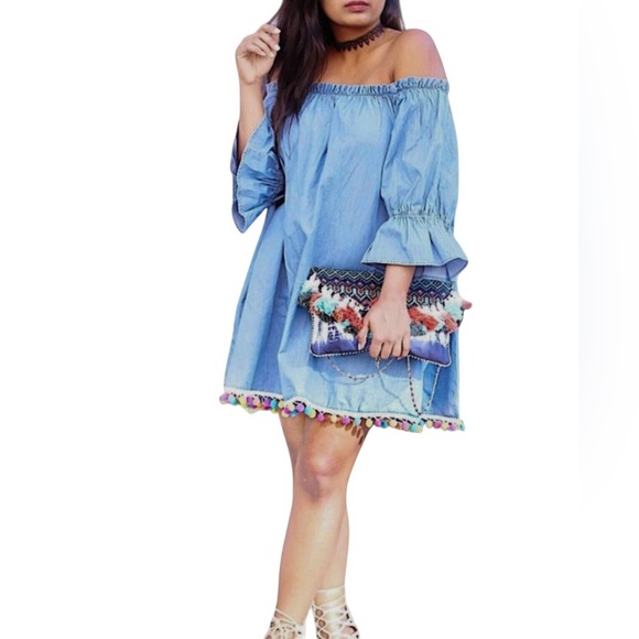 NWT Saks Fifth Avenue Chambray Mini Pom Pom Off-Shoulder Flounce Dress Size S - Picture 1 of 10
